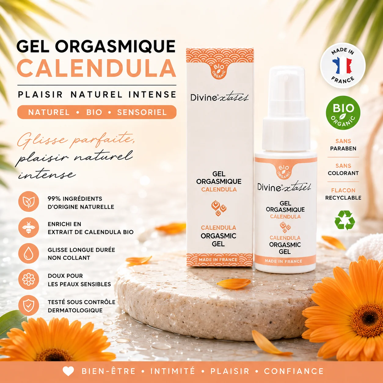 Gel intime féminin bio enrichi en extrait de calendula biologique, sans parfum